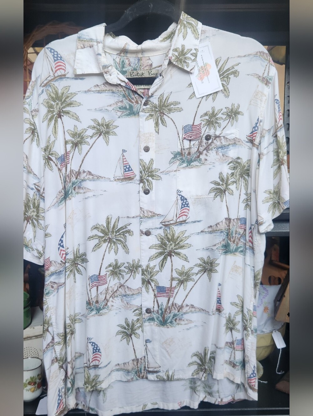 Batik Bay Hawaiian Rayon Button-Up Shirt | Tropical Palm Tree & Sailboat Print